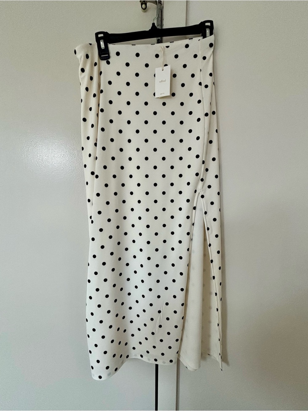 Aritzia White Maxi Skirt with Black Polka Dots and Side Slit